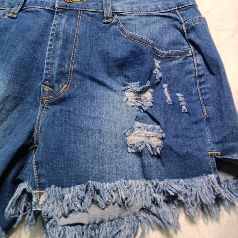 🦋 High Rise Denim Shorts Blue Mid Wash Cut Off Size S - Picture 3 of 9